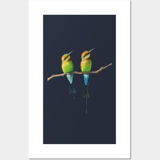 Rainbow Bee-Eaters Watercolour Design - Blue Background Posters and Art